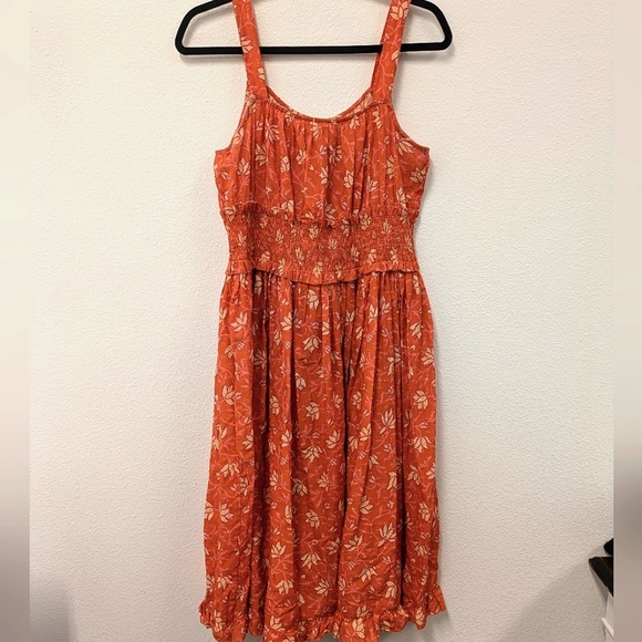 Sundance Artful Ari Midi Cotton Dress sz S Coral Floral Orange Swiss Dot Beach - Picture 2 of 7